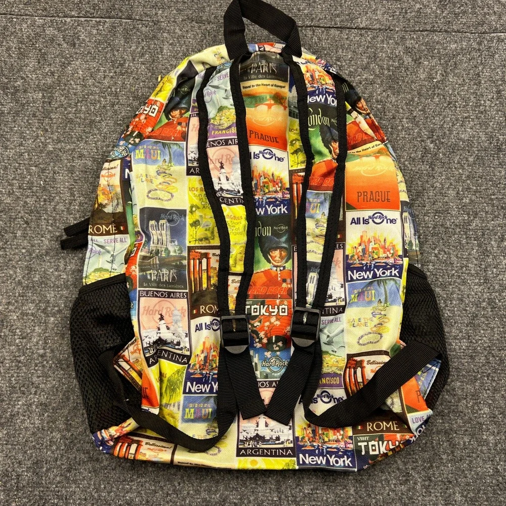 Hard Rock Cafe Backpack Multi Color Postcard City Print Travel Bag IM10015078